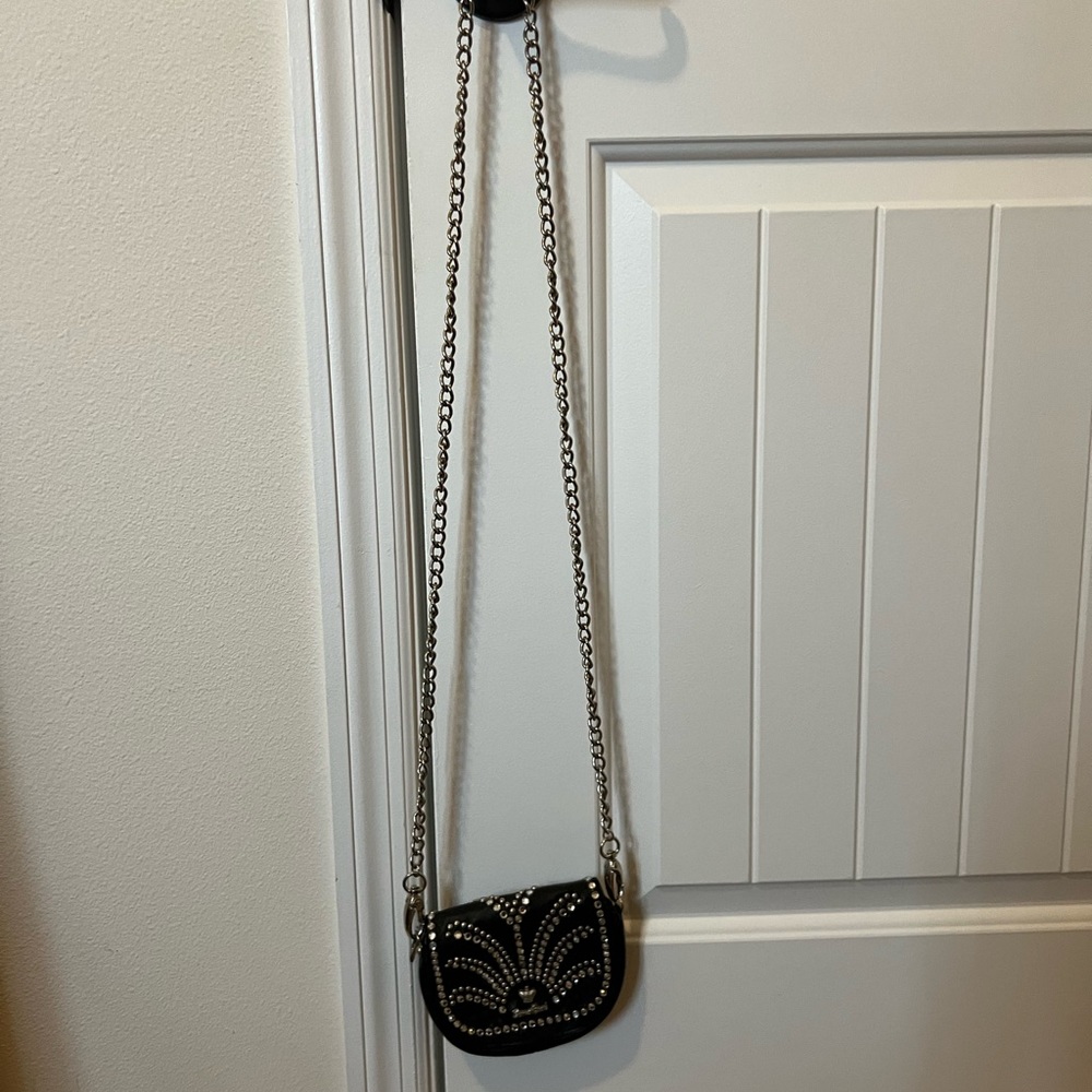 Women’s black studded, Crossbody leather bag with chain